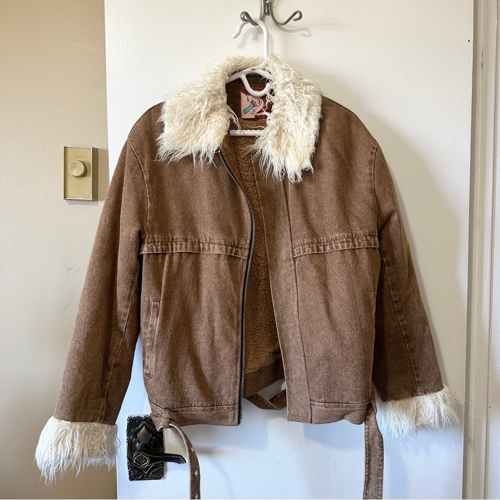 Y2K Brown denim Jacket with Faux Fur Trim